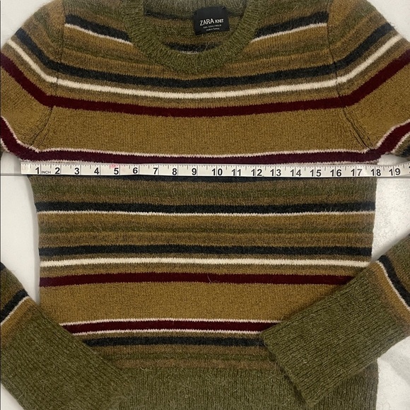 Zara Striped Olive Green Mohair Wool Blend Sweater Crew Neck Long Sleeve Sz L - Picture 8 of 11